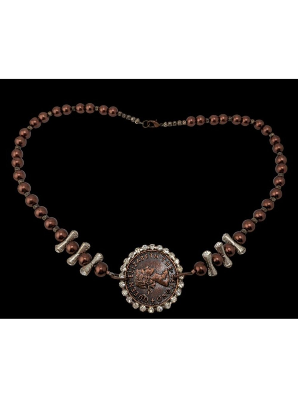 Vintage 1960 New Zealand Penny Necklace Queen Elizabeth II Beaded Pendant Neckla